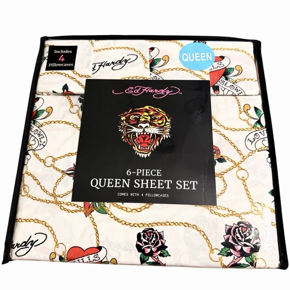 Ed Hardy 6-piece sheet set-Queen Size-Tattoo Roses, Skulls, Tiger NWT